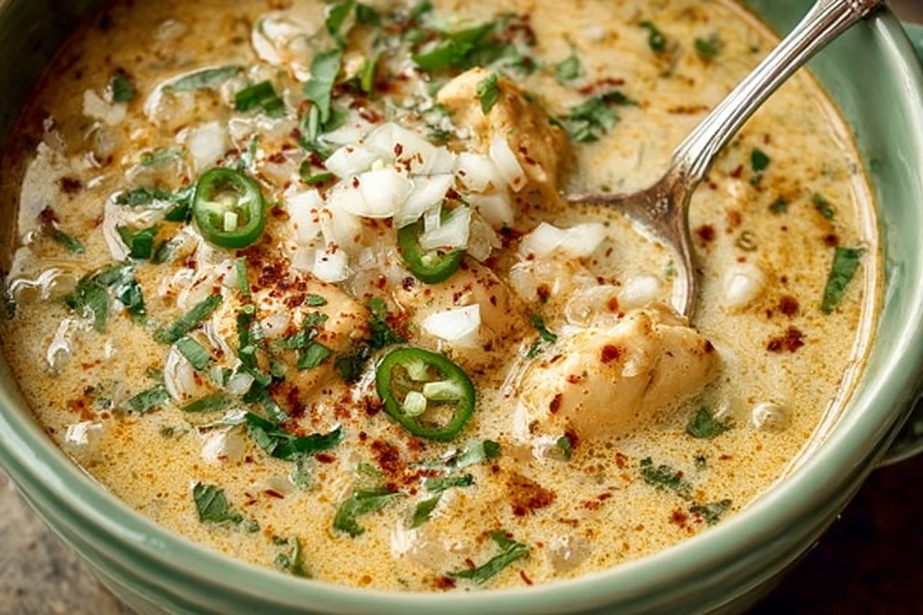 A bowl of creamy white chili garnished with cilantro and jalapeños.