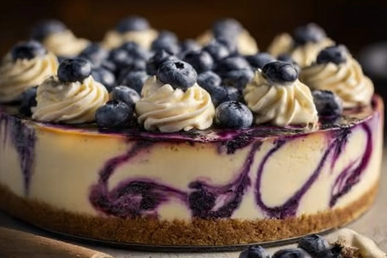 White Chocolate Blueberry Cheesecake topped with fresh blueberries and creamy layers