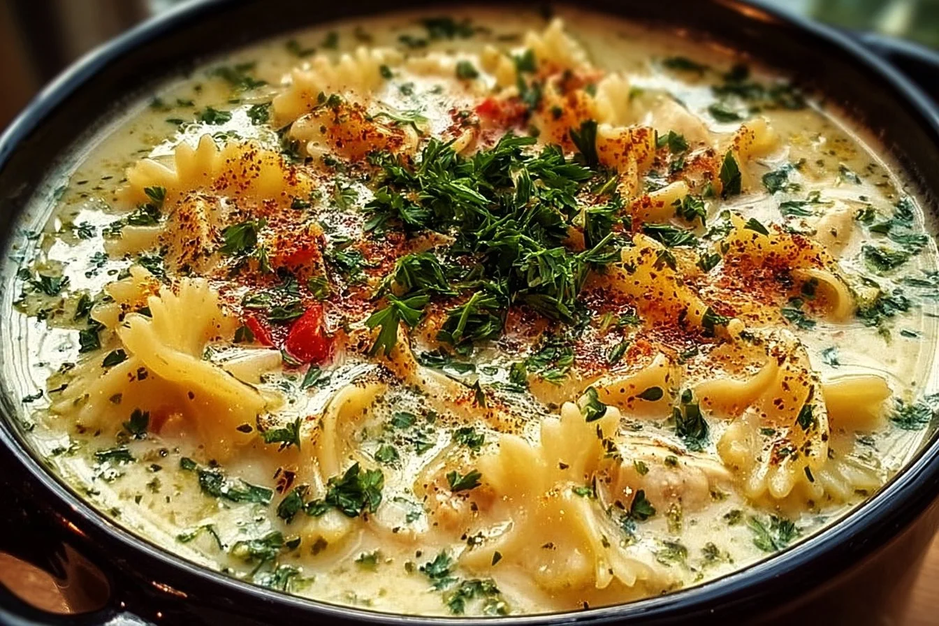 Bowl of creamy white lasagna soup with cheese and herbs