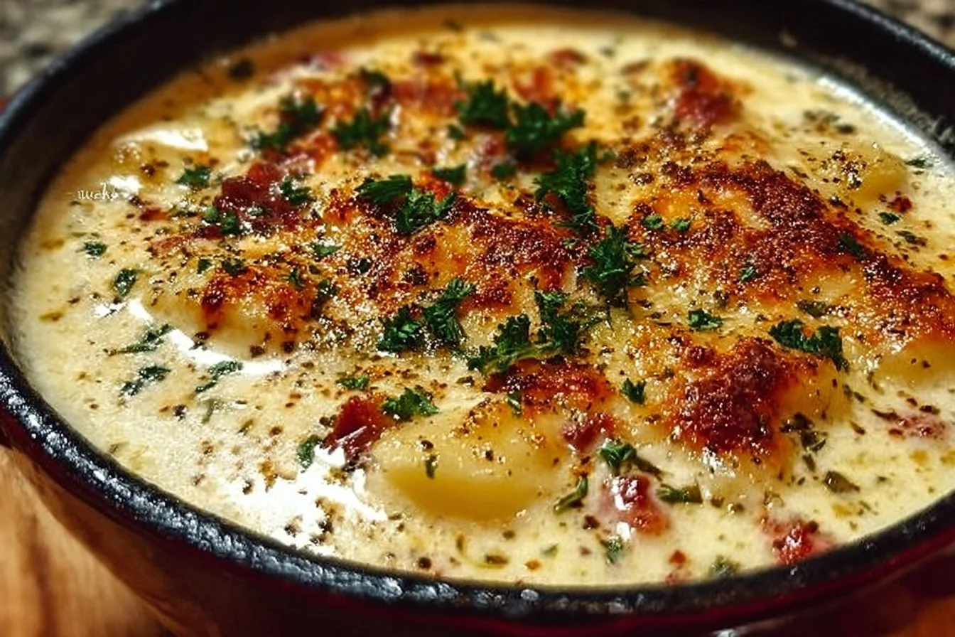 Delicious bowl of White Lasagna Soup garnished with parsley and cheese