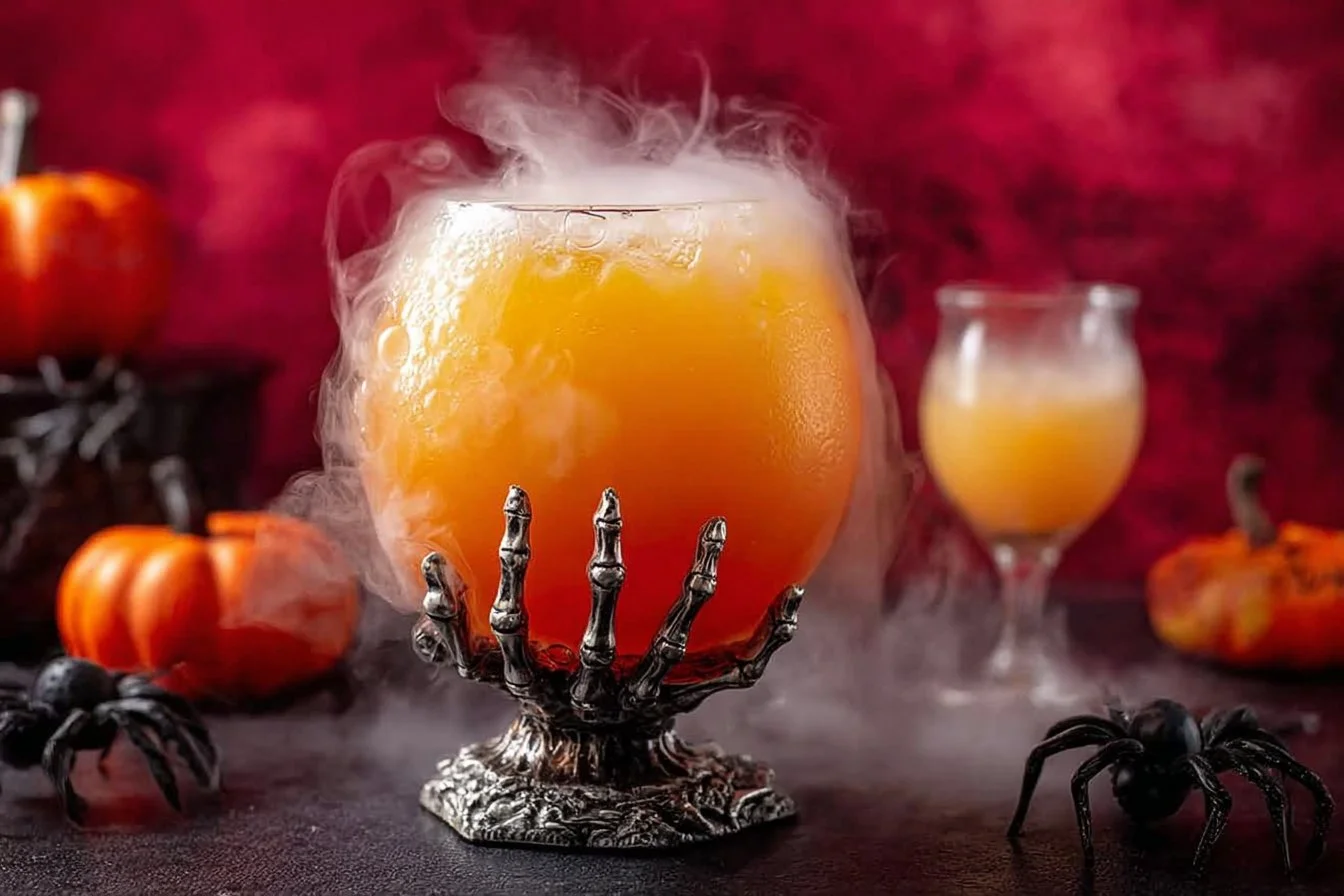 A spooky Witches Brew Punch in a cauldron with floating creepy garnishes.