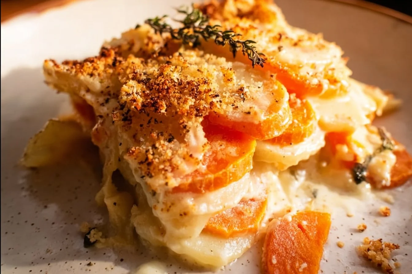 Creamy Yukon Gold Sweet Potato Gratin baked to perfection.
