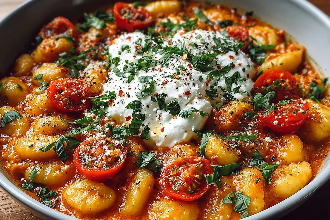 Bowl of creamy tomato gnocchi topped with burrata cheese and fresh basil.