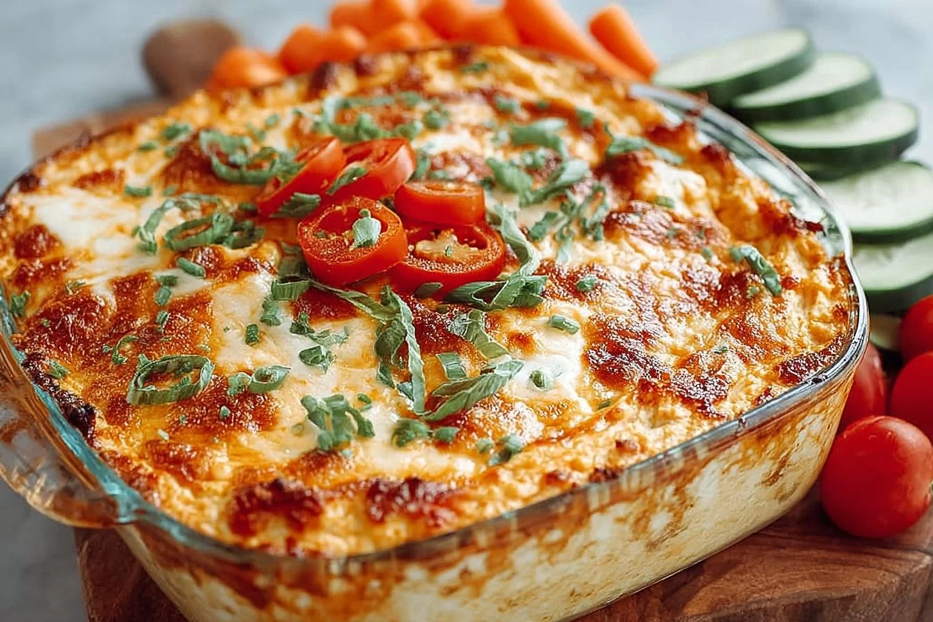 5-Ingredient Buffalo Chicken Baked Hummus Dip served in a bowl