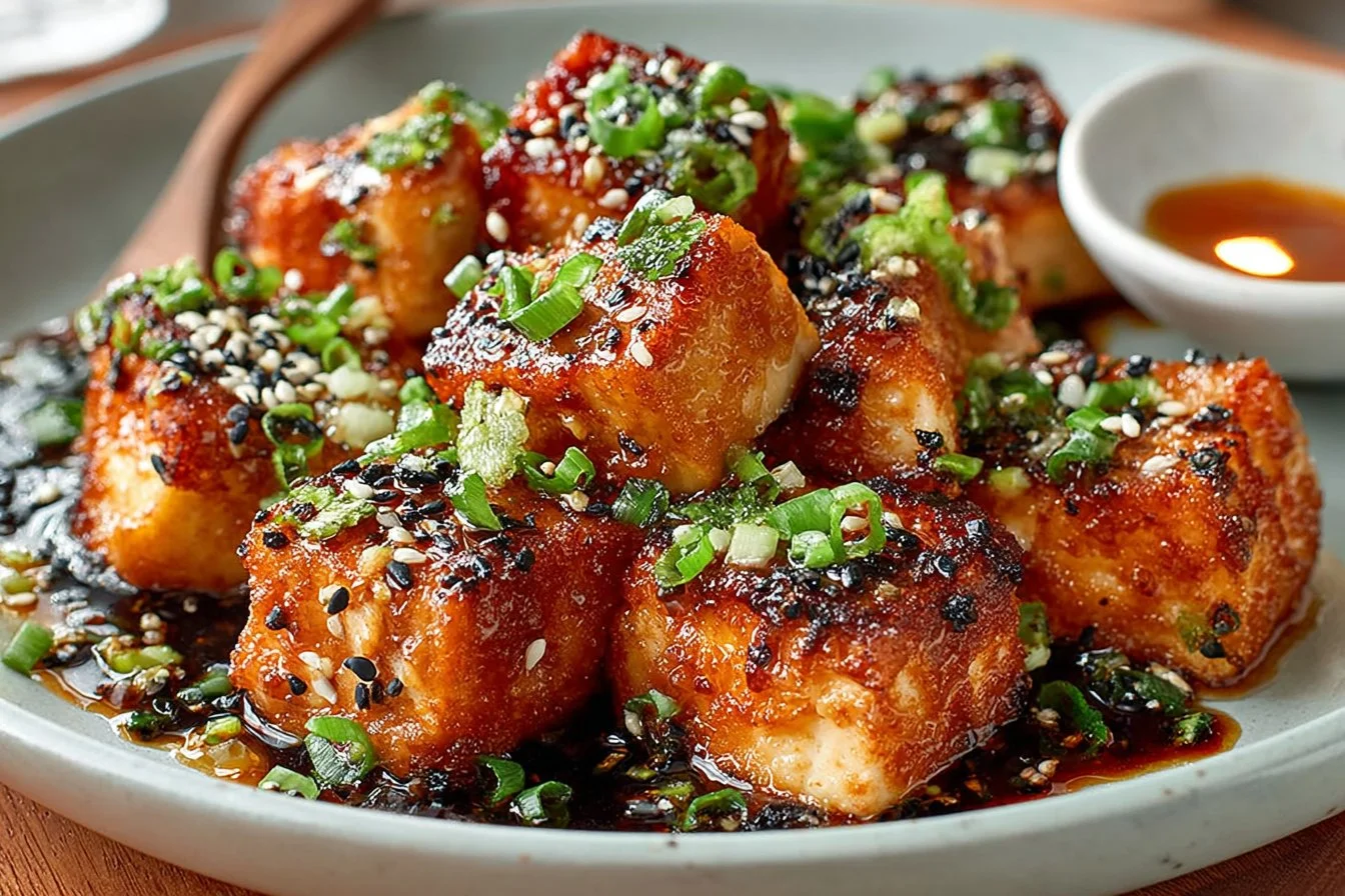 Crispy air fryer salmon bites served with spicy Bang Bang sauce