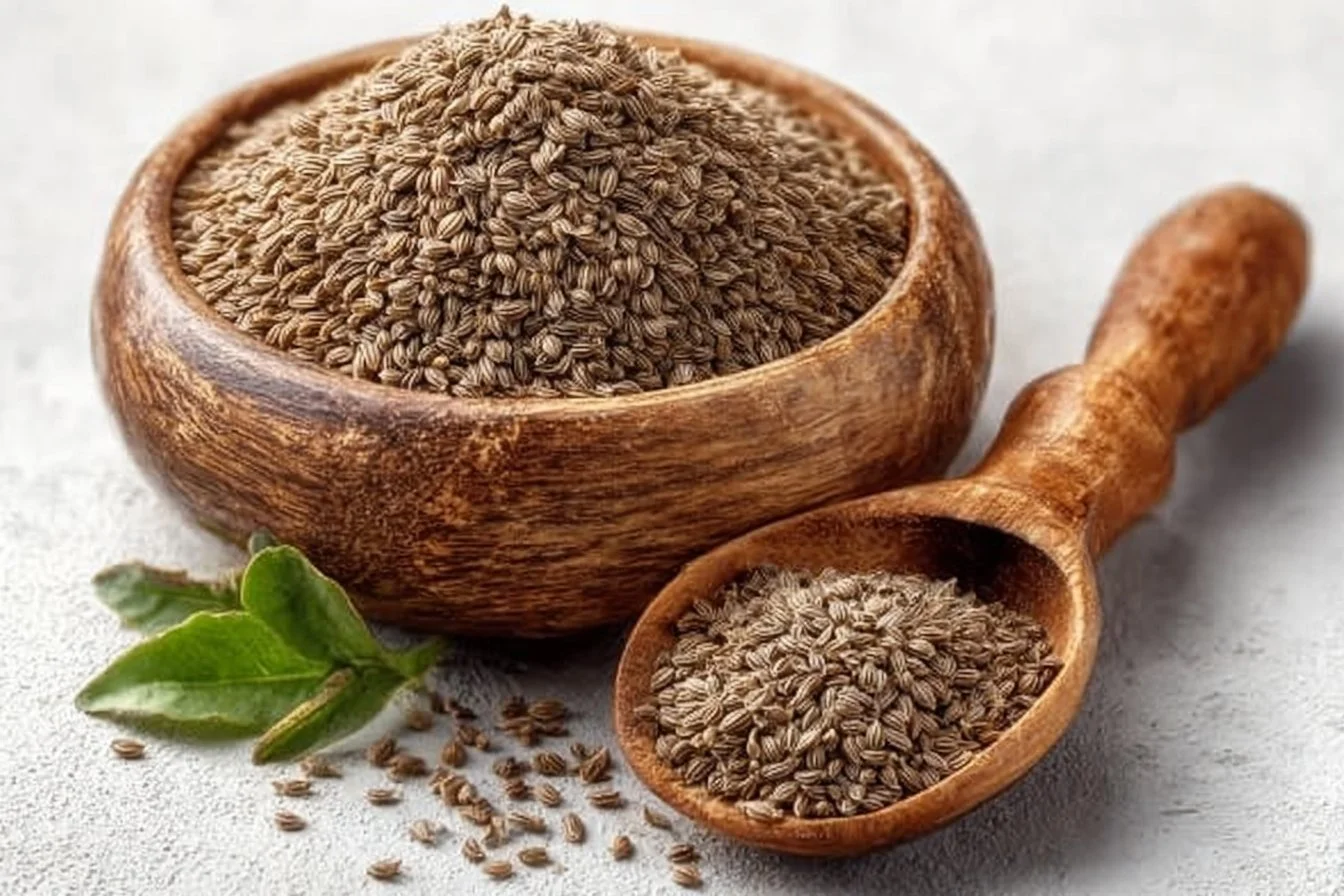 Ajwain seeds in a wooden bowl and spoon on a white background