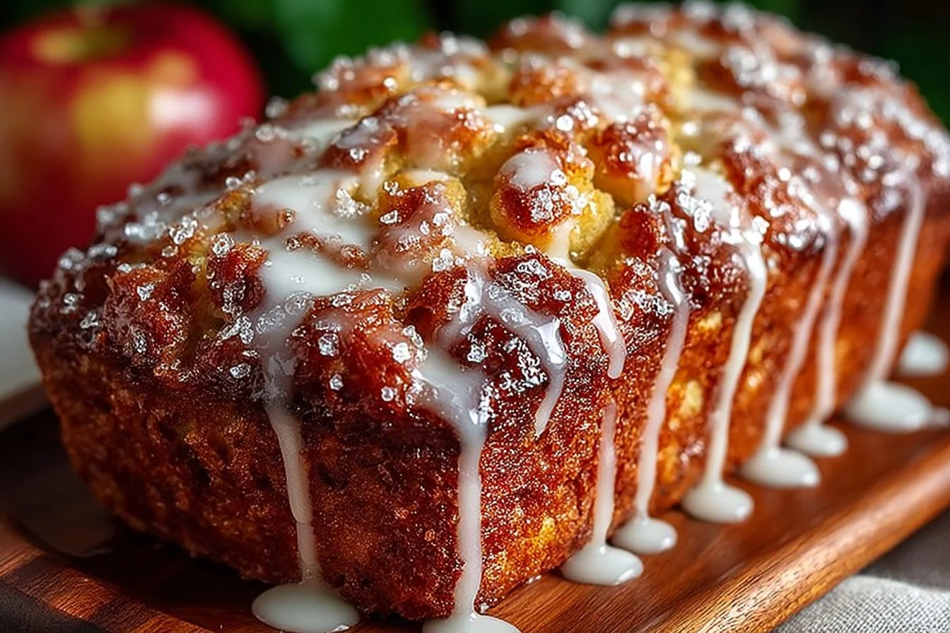 Freshly baked Amish apple fritter bread with chunks of apple and glaze