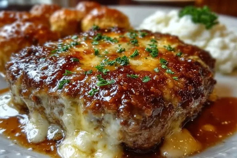 Amish Hamburger Steak Bake served with creamy mashed potatoes and vegetables