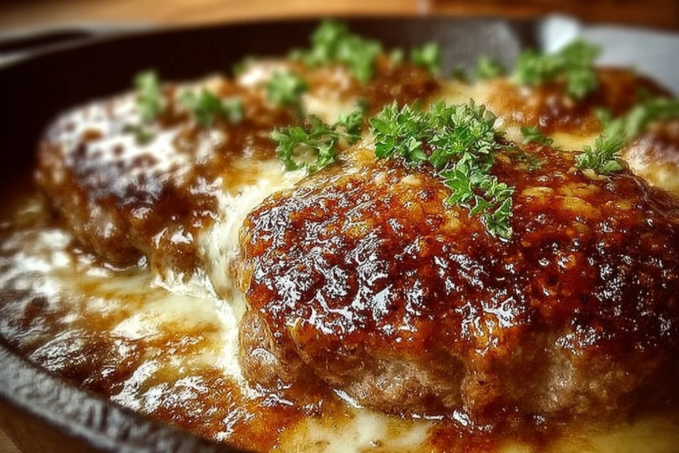 Amish Hamburger Steak Bake with tender meat and rich gravy on a plate.