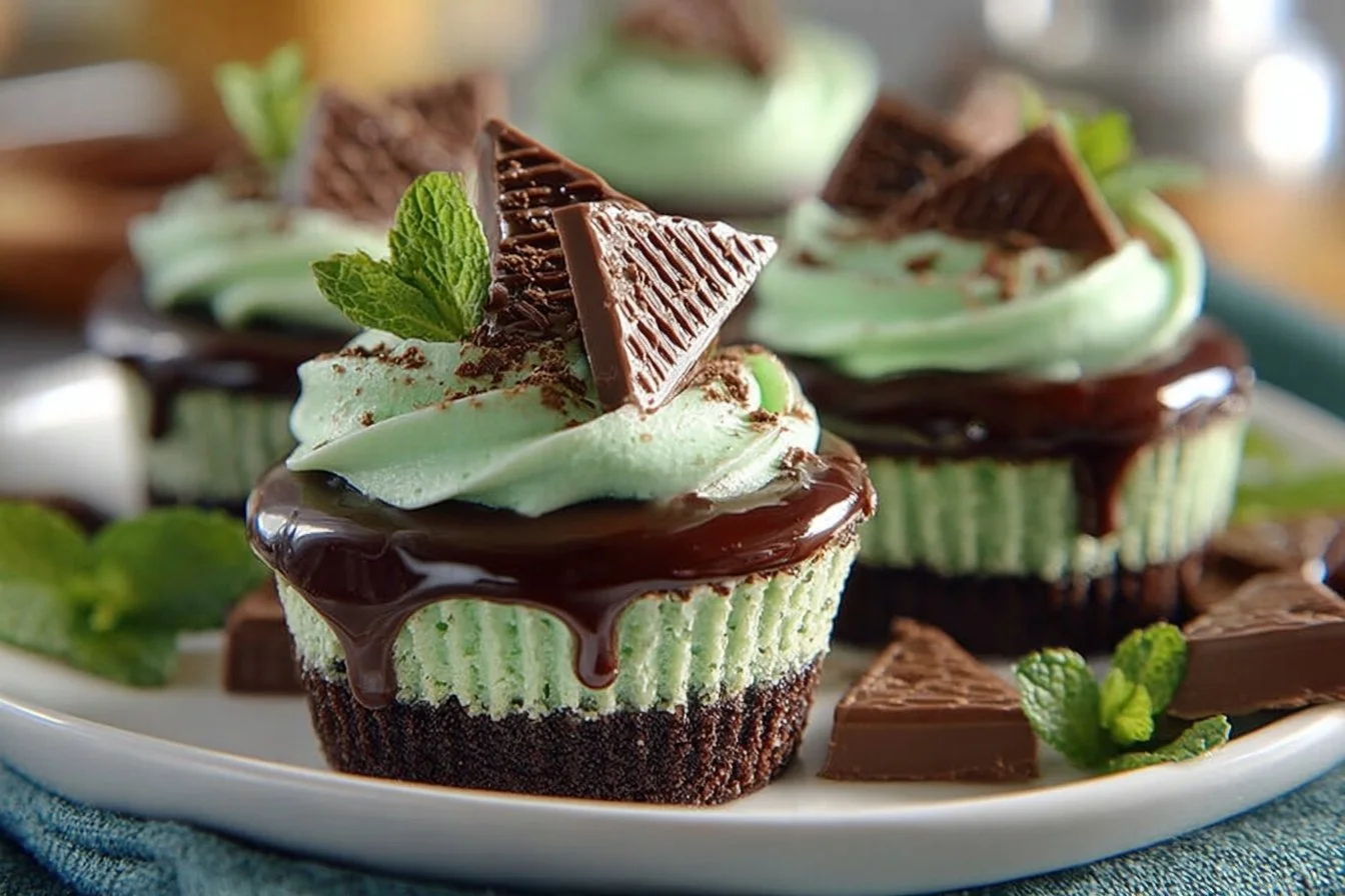 Delicious Andes Mint Mini Cheesecakes topped with mint and chocolate.