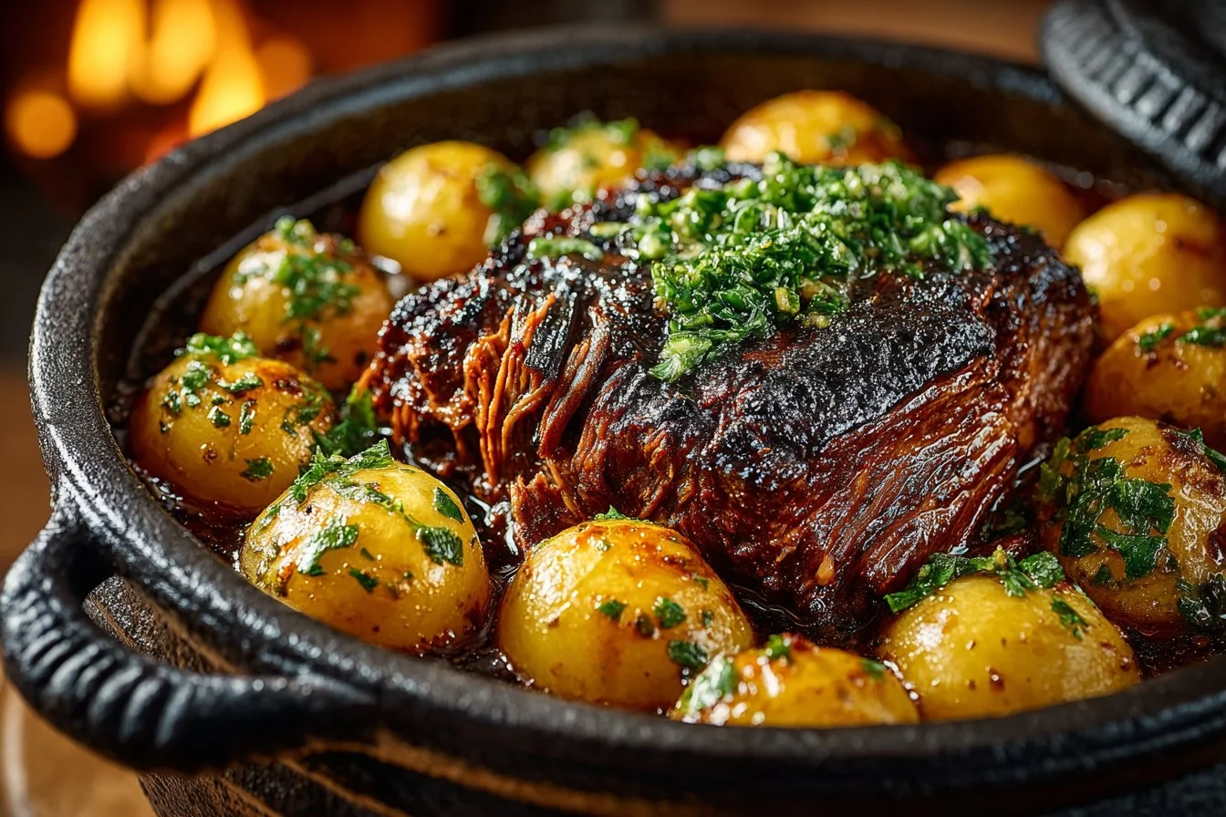 Delicious apple cider-braised pork shoulder served with seasonal vegetables