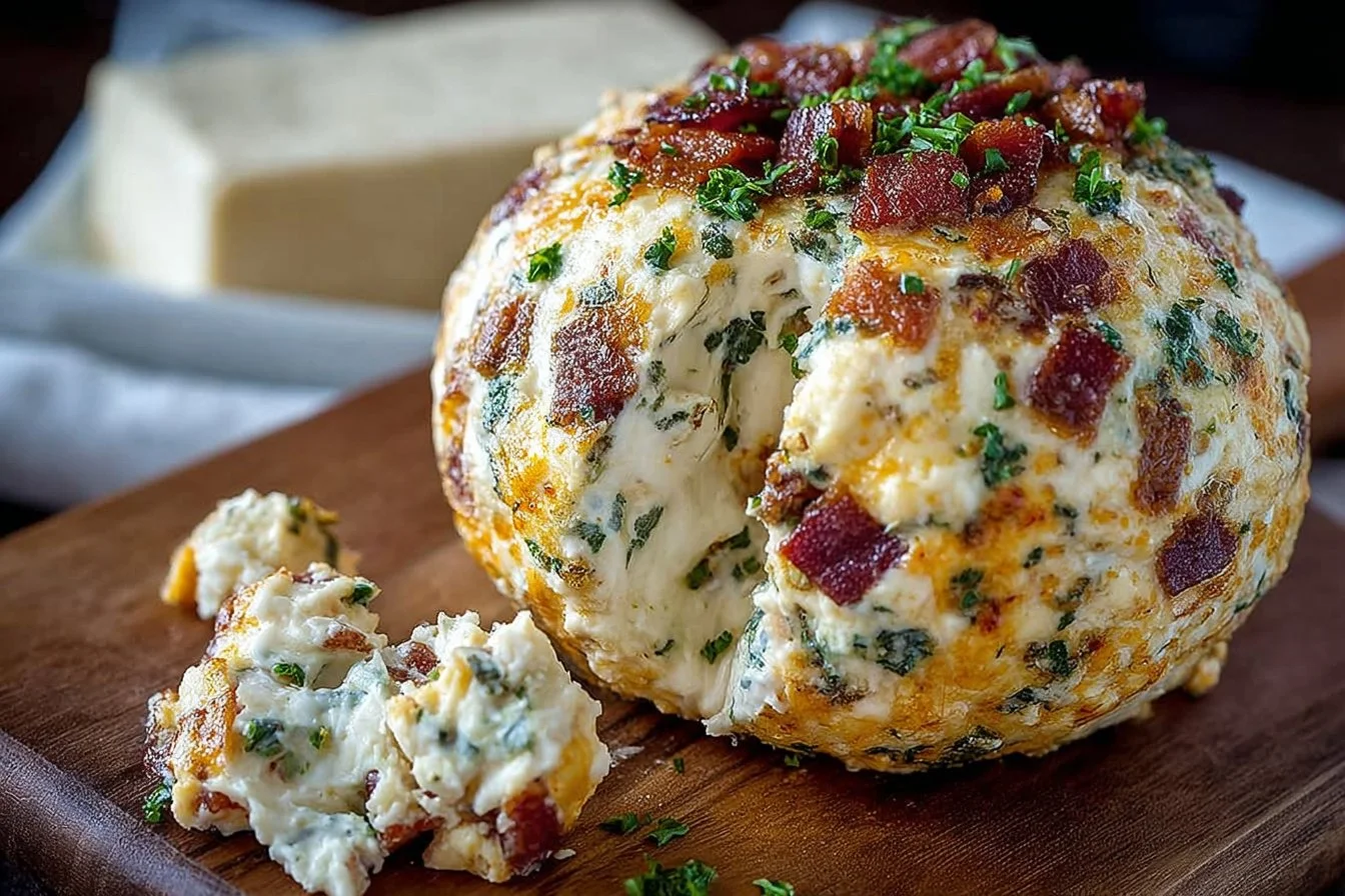 Delicious Bacon Ranch Cheese Ball served with crackers and vegetables