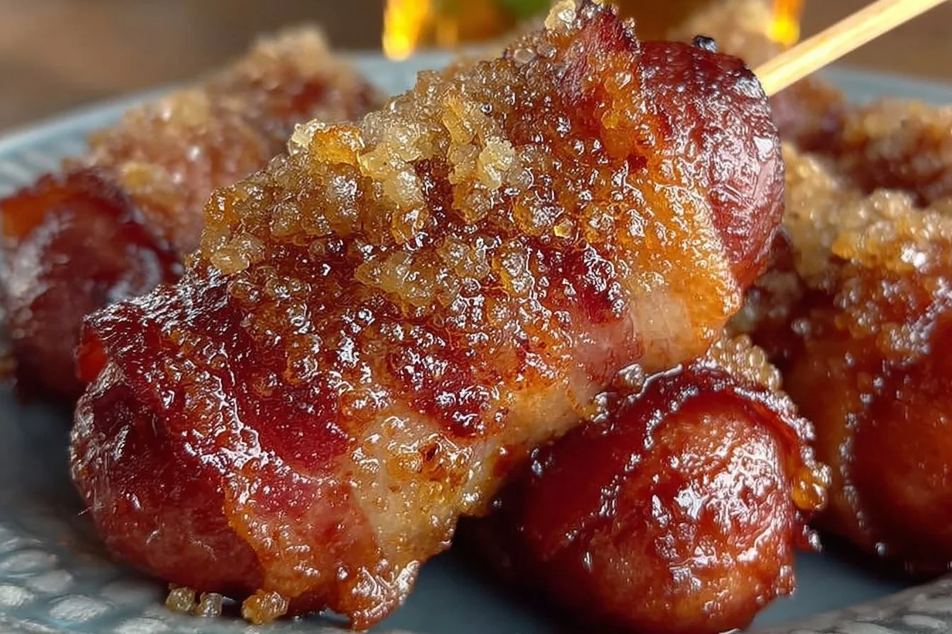 Bacon Wrapped Little Smokies appetizer on a platter