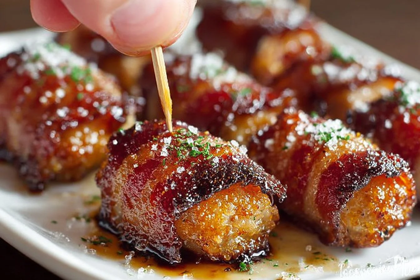 Bacon-Wrapped Smokies appetizers on a platter, ideal for parties.