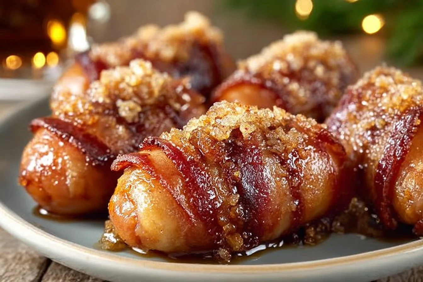 Bacon wrapped little smokies appetizer served on a platter