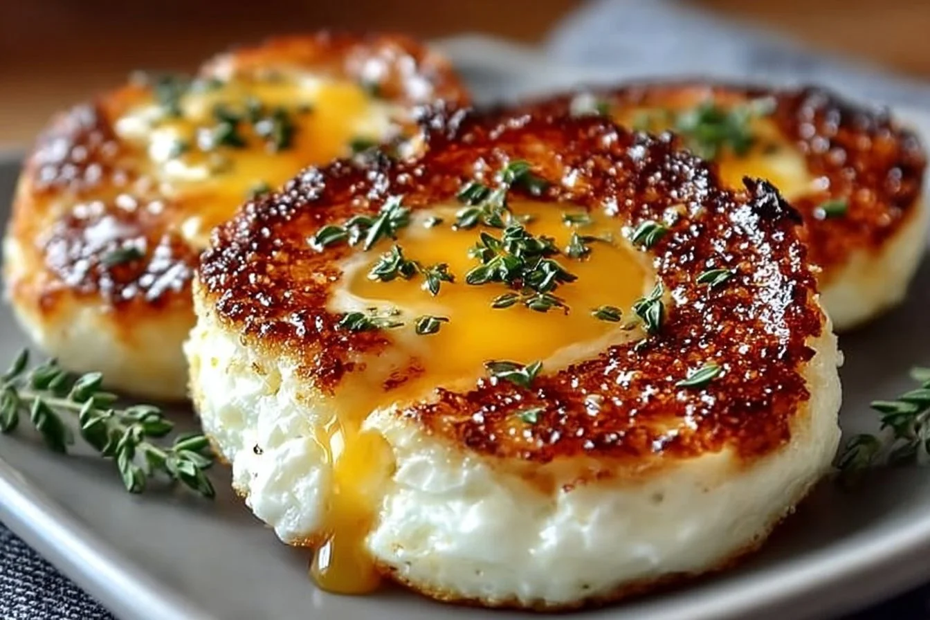 Baked cottage cheese eggs in a dish topped with herbs, a healthy breakfast option.