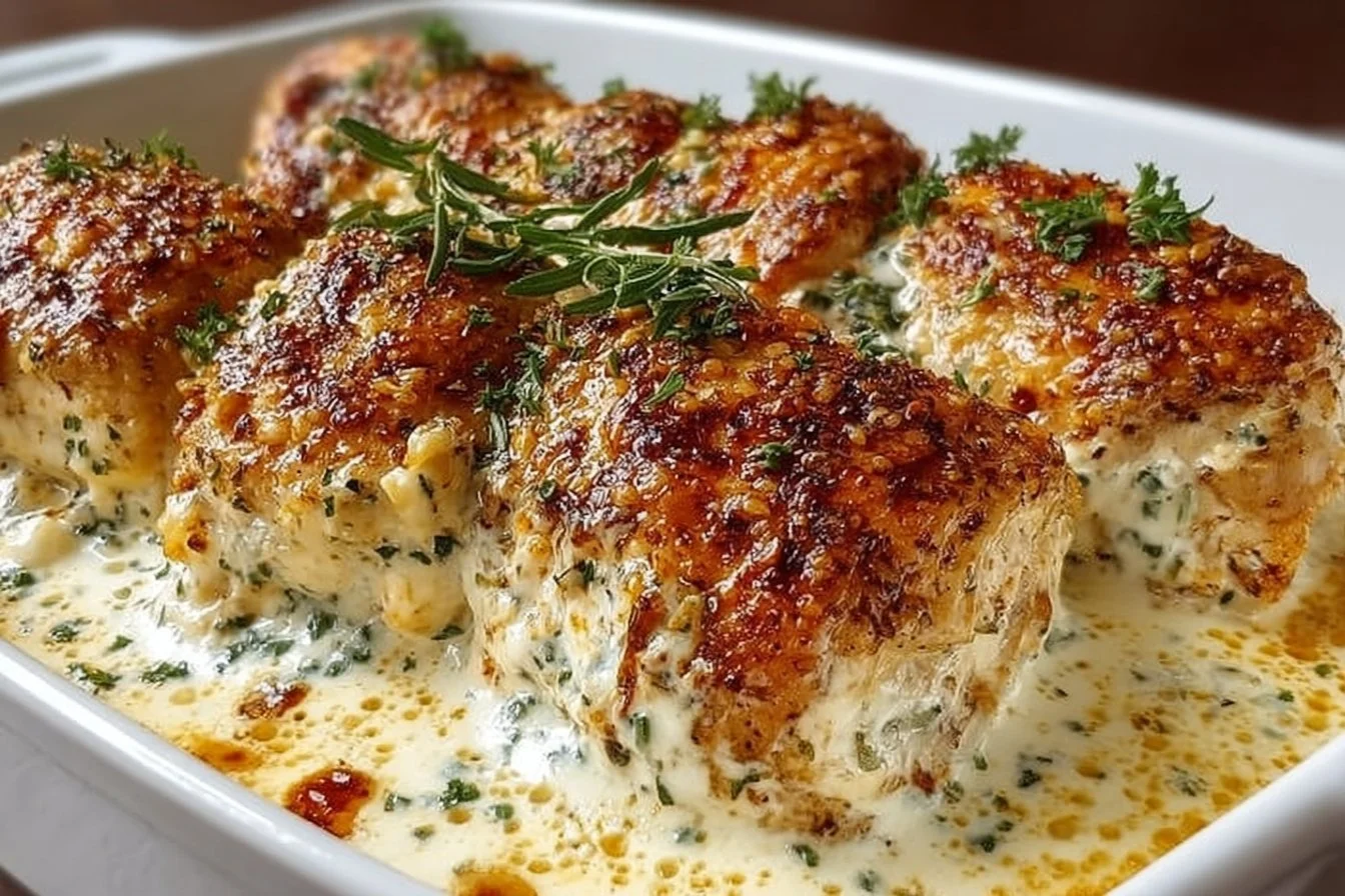 Baked Cream Cheese Chicken garnished with herbs on a white plate