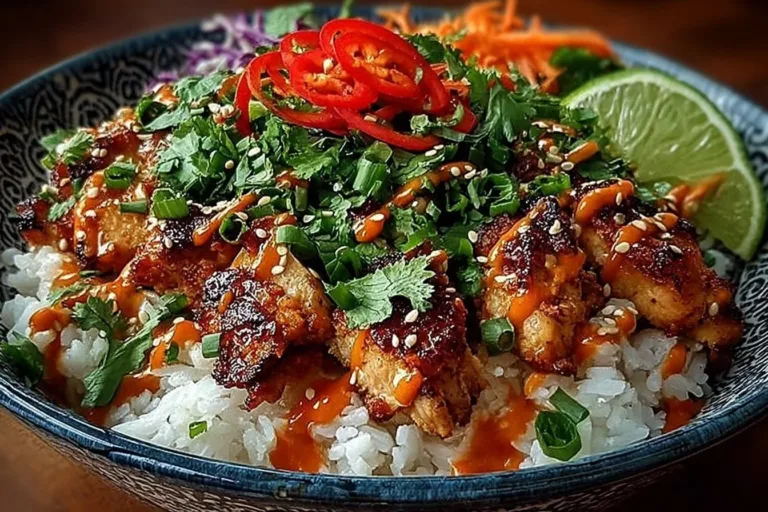 Delicious Bang Bang Chicken Bowl with vibrant ingredients and rich flavors.