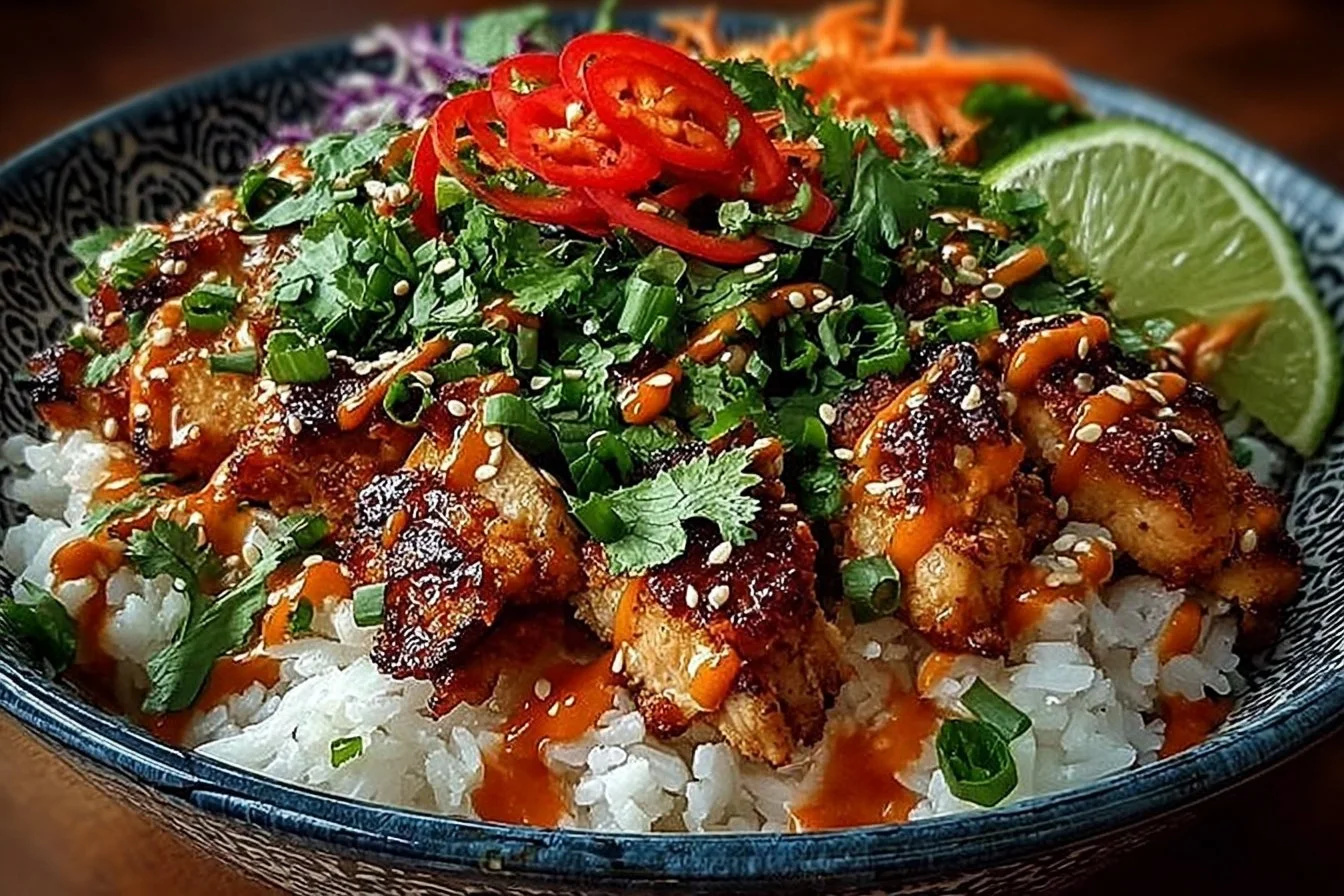 Delicious Bang Bang Chicken Bowl with vibrant ingredients and rich flavors.