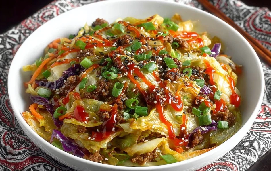 Delicious beef and cabbage stir fry served in a bowl with vegetables