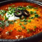 Bowl of hearty beef enchilada soup topped with cheese and cilantro