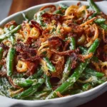 Delicious green bean casserole topped with crispy onions, perfect for any holiday meal.