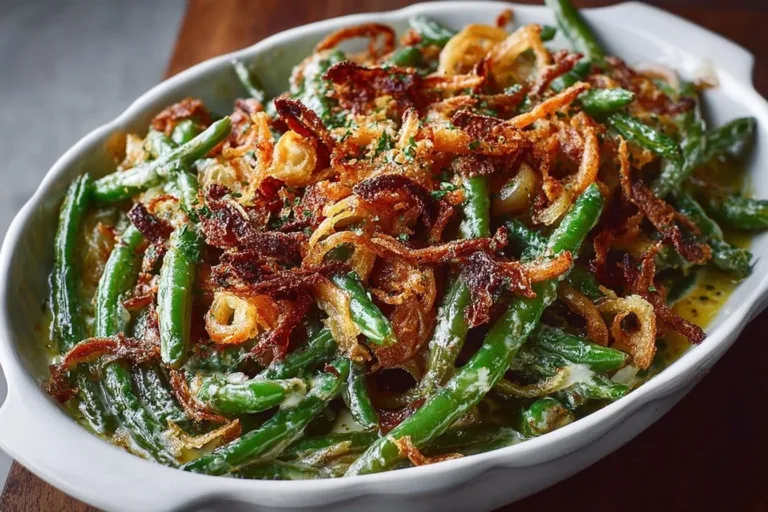 Delicious green bean casserole topped with crispy onions, perfect for any holiday meal.