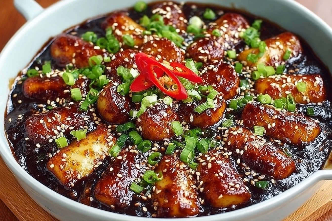 Delicious Black Bean Tteokbokki plated with vibrant garnishes.