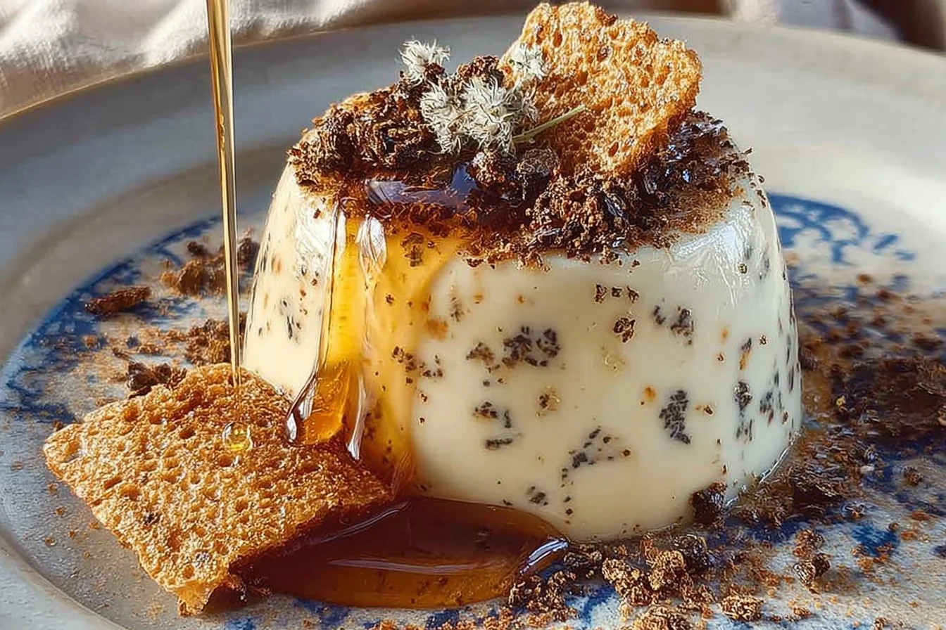 Delicious black truffle and tonka bean panna cotta with vanilla feuilletine and honey