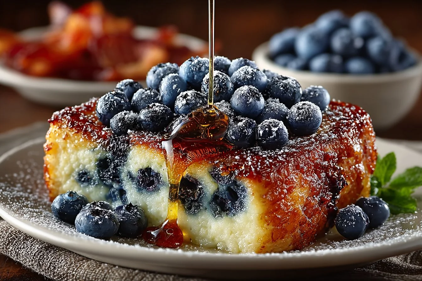 Delicious Blueberry French Toast Casserole topped with fresh blueberries and syrup.