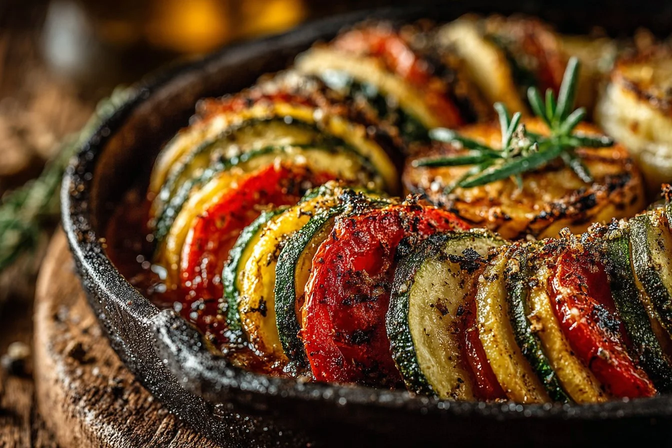Briam traditional Greek roasted vegetables dish with vibrant colors and spices