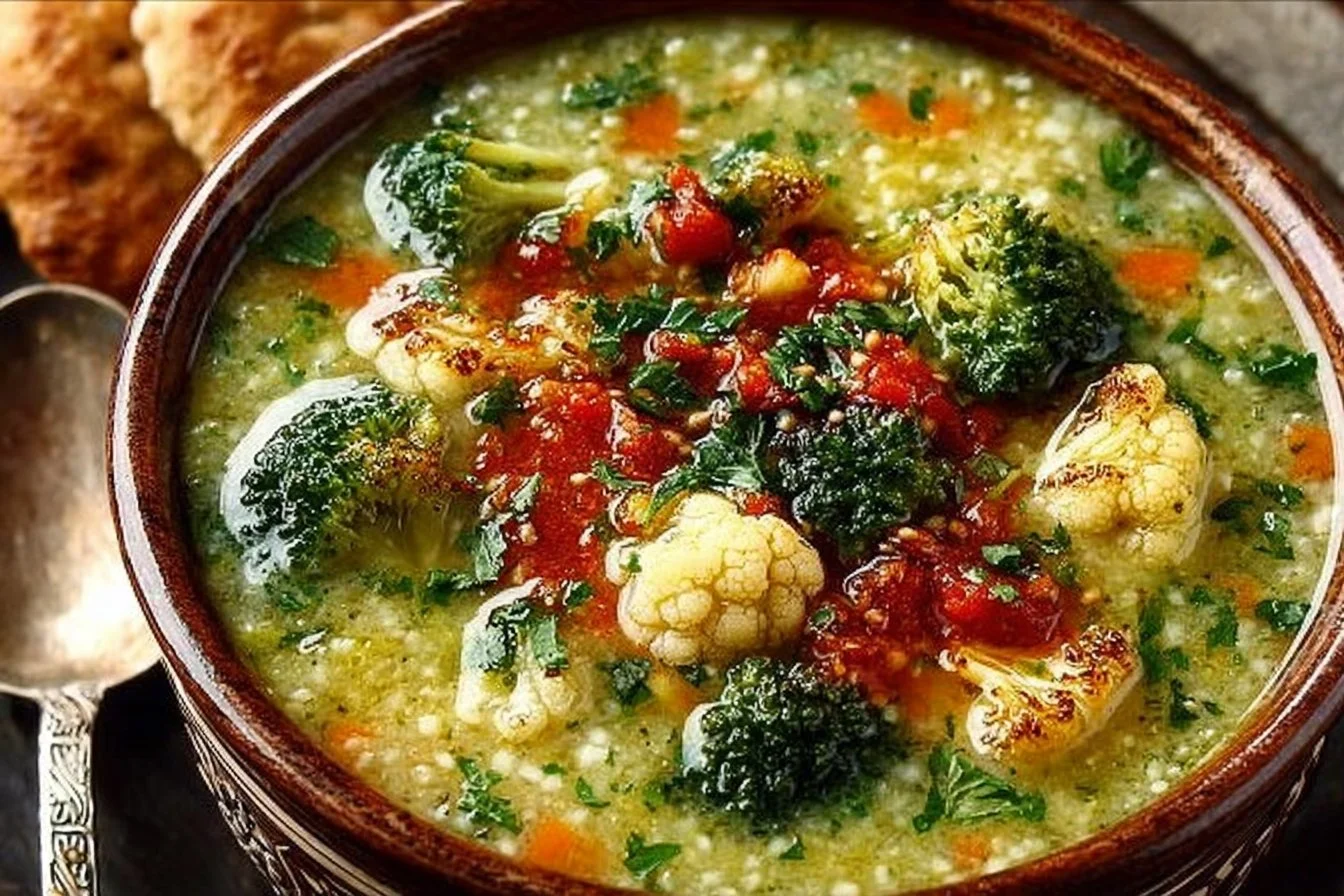 Bowl of creamy broccoli cauliflower soup garnished with fresh herbs