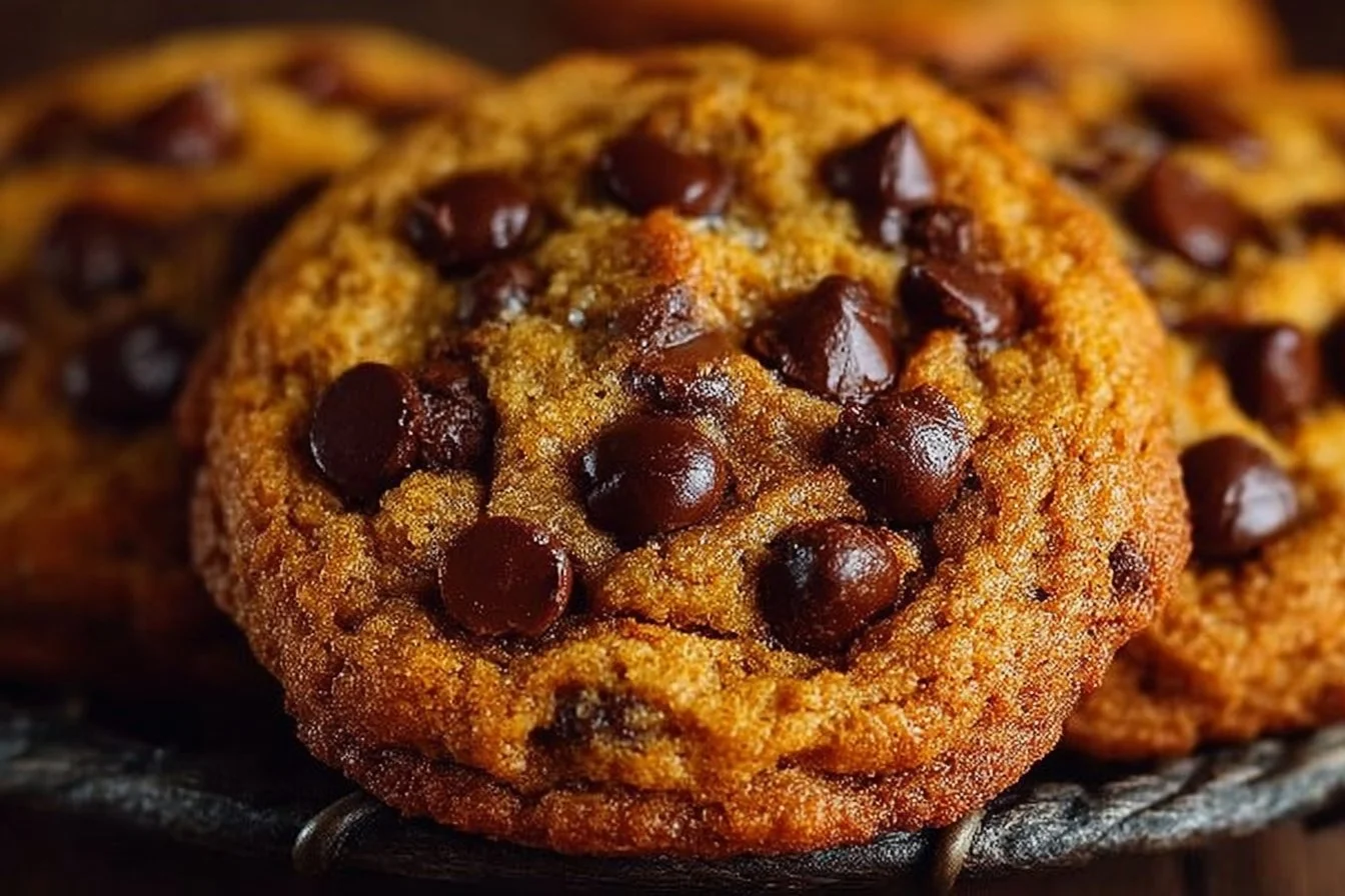 Delicious brown butter pumpkin chocolate chip cookies on a plate