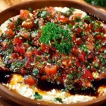 Delicious bruschetta dip served with toasted bread slices