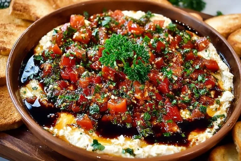 Delicious bruschetta dip served with toasted bread slices