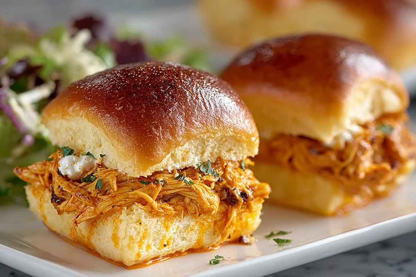 Delicious Buffalo Chicken Sliders served on a platter with dipping sauce