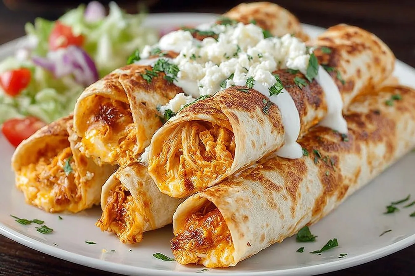 Plate of crispy Buffalo Chicken Taquitos ready to be served