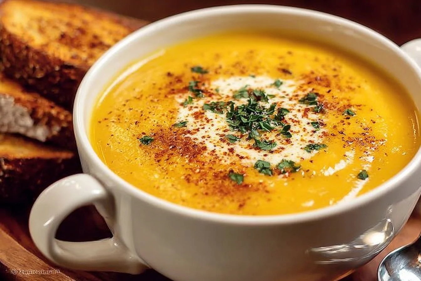 Bowl of creamy butternut squash soup garnished with herbs