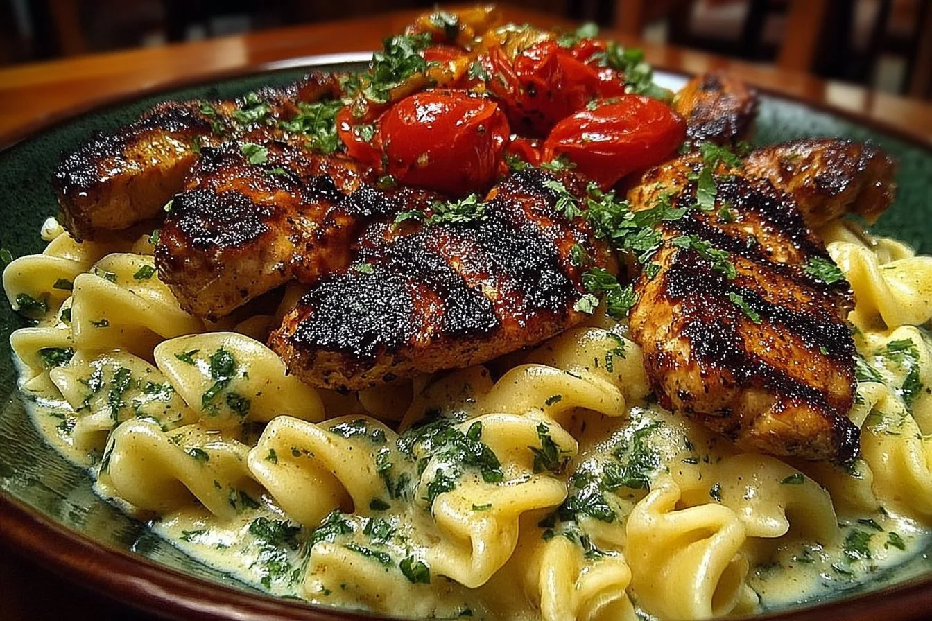 Creamy Cajun Chicken Pasta with peppers and herbs in a bowl