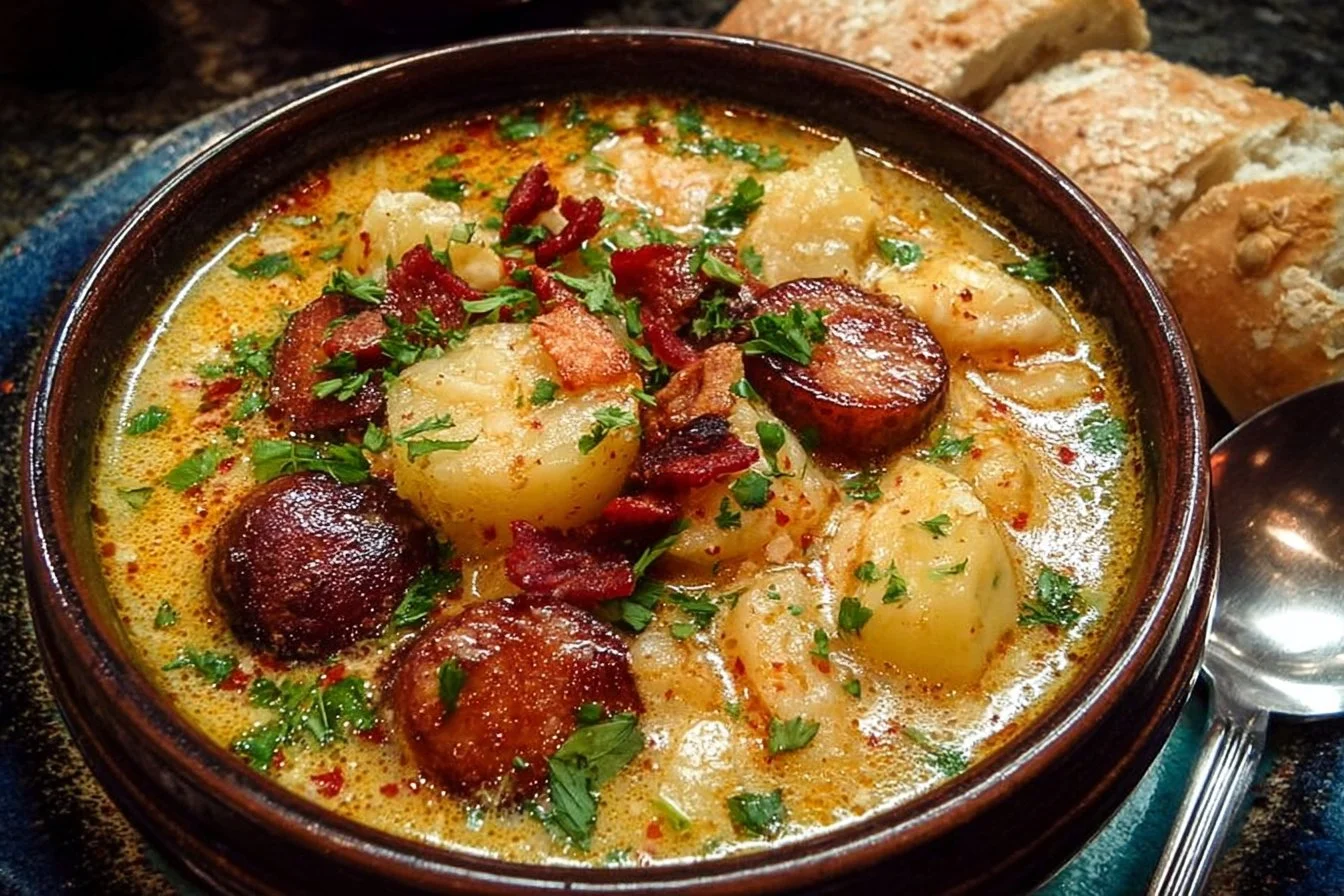 Bowl of flavorful Cajun Potato Soup garnished with green onions and spices