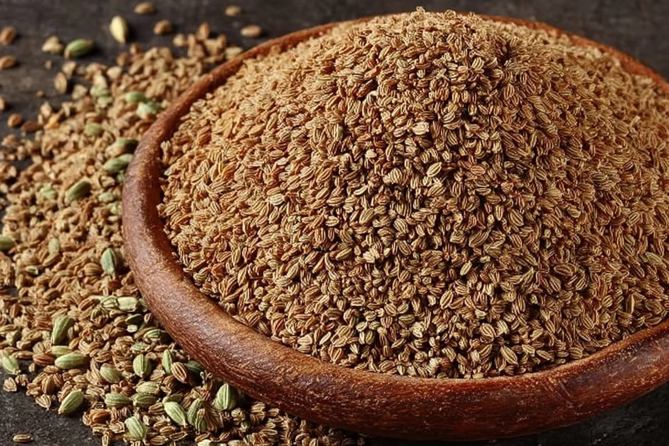 Carom seeds (ajwain) used in cooking and for health benefits.