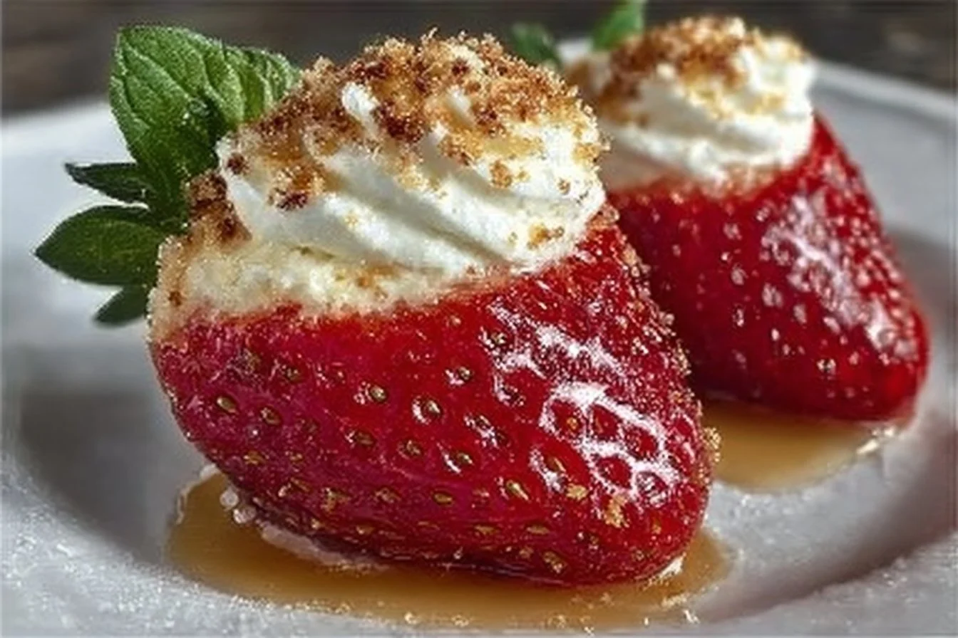 Cheesecake stuffed strawberries filled with creamy cheesecake and topped with whipped cream