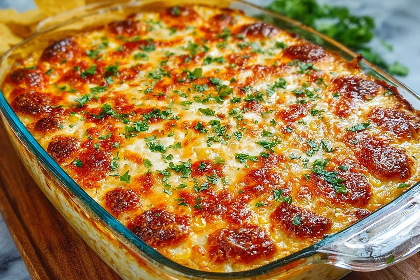 Delicious cheesy baked Mexican corn dip served in a bowl