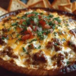 Delicious cheesy bean dip served in a bowl with tortilla chips