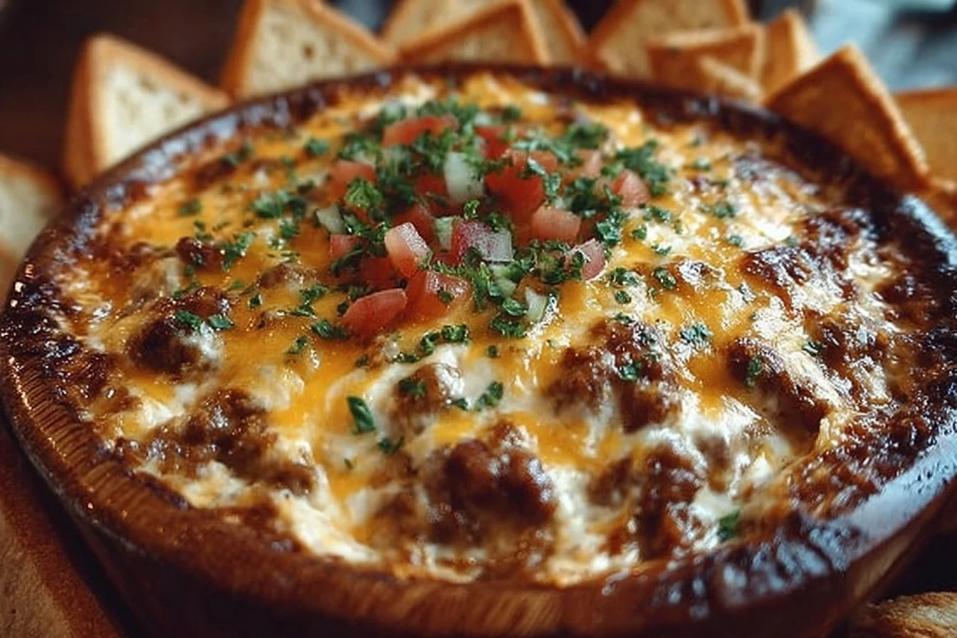 Delicious cheesy bean dip served in a bowl with tortilla chips