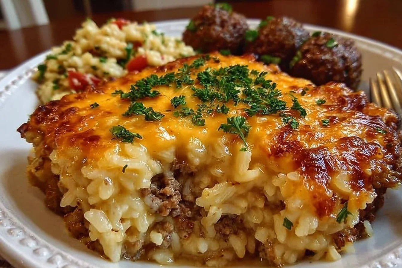 Delicious Cheesy Hamburger Rice Casserole baked to perfection