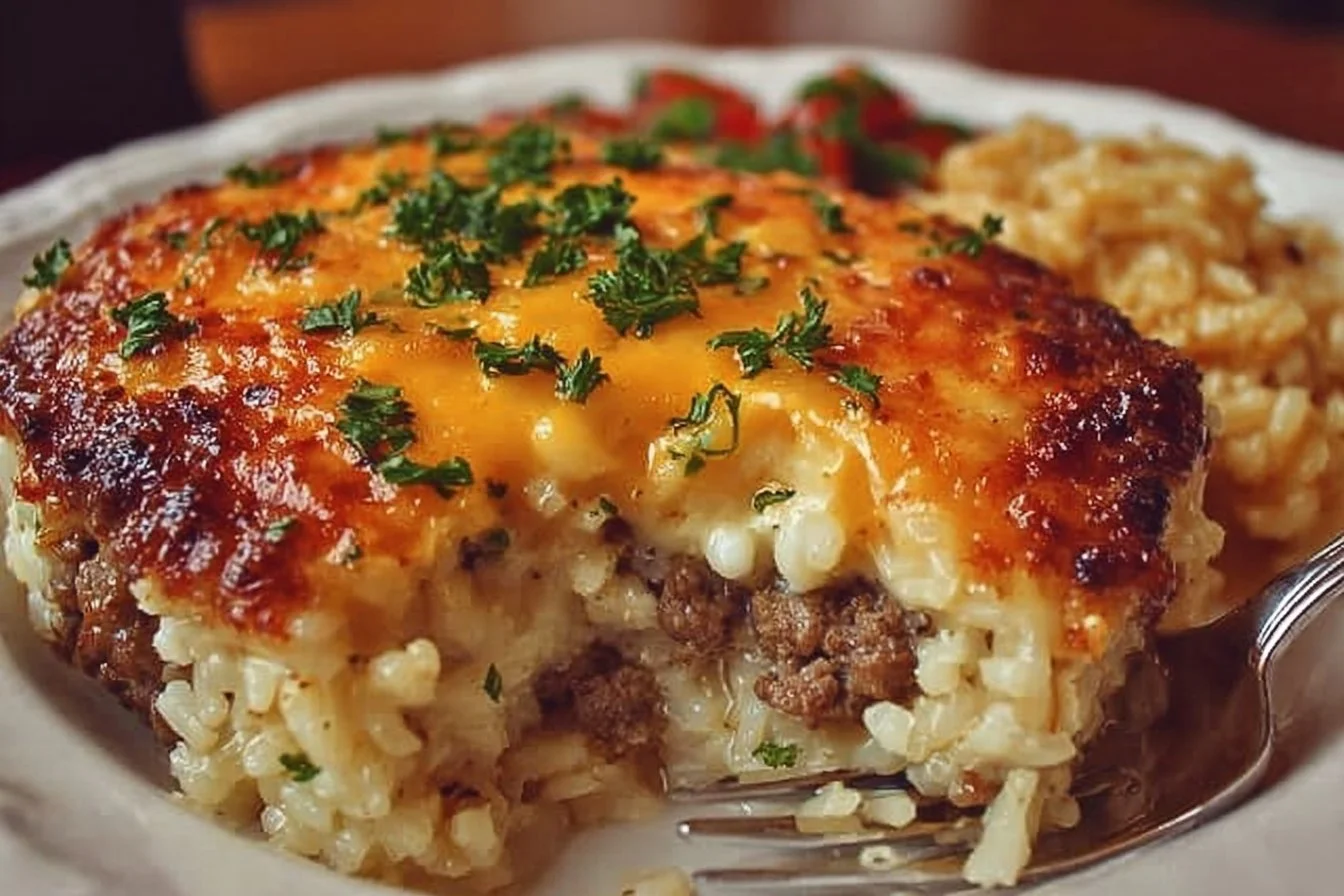 Cheesy hamburger rice casserole topped with melted cheese in a baking dish