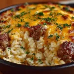 Cheesy hamburger rice casserole baked with melted cheese and ground beef