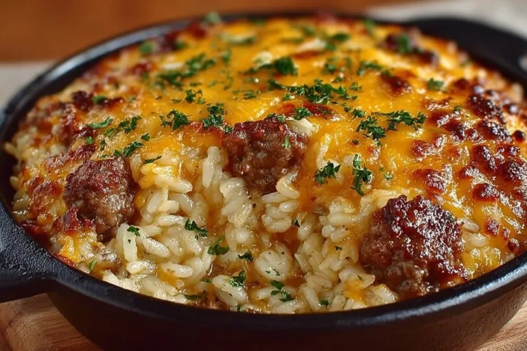 Cheesy hamburger rice casserole baked with melted cheese and ground beef