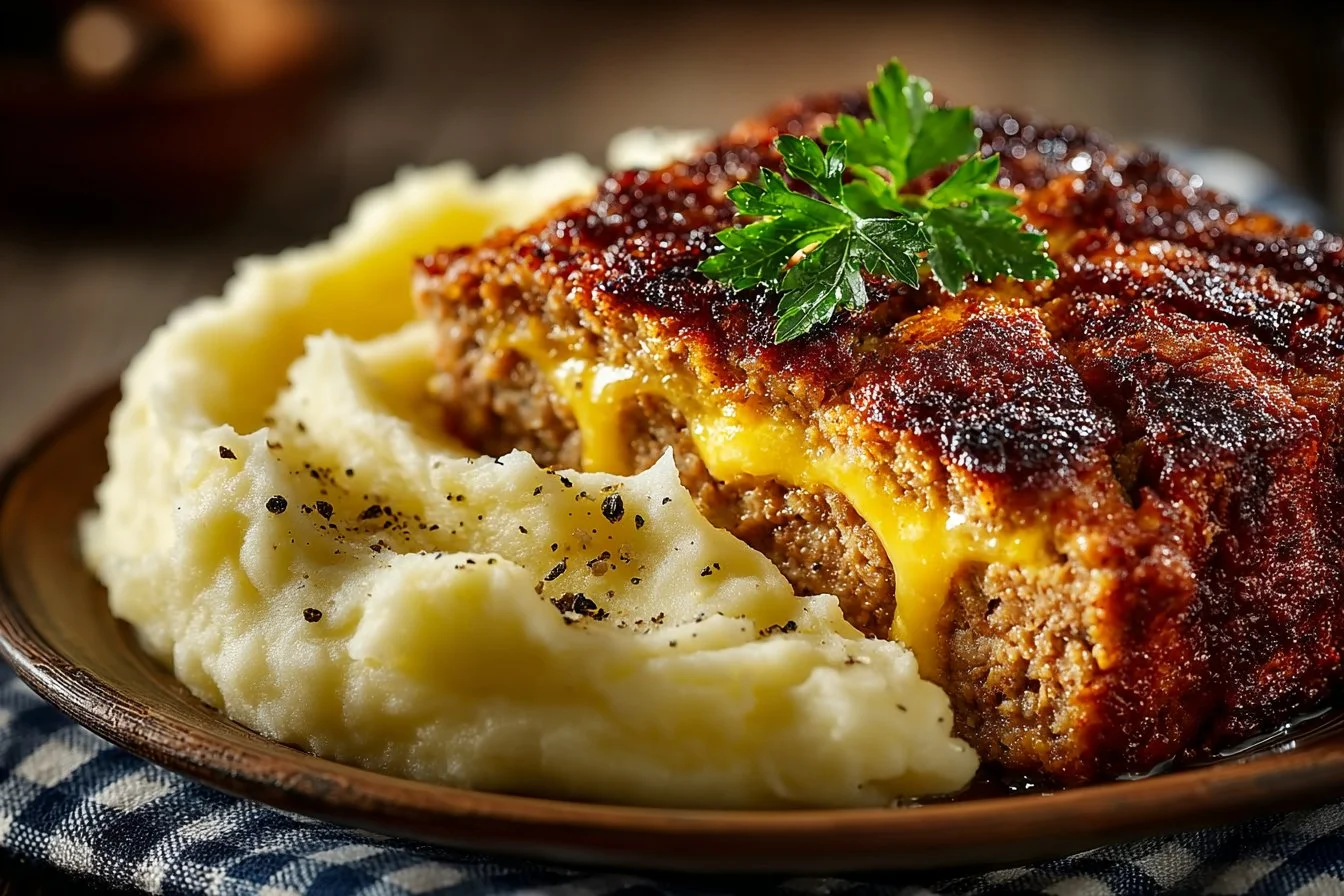 Delicious cheesy meatloaf topped with melted cheese and herbs